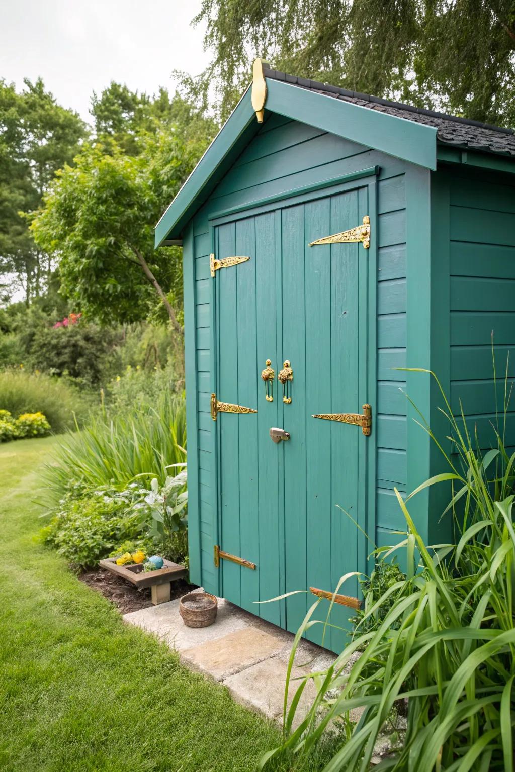 A blue-green shed that enhances the garden with a luxurious feel.