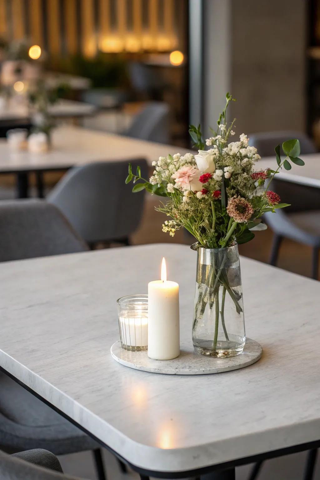 A stylish showpiece enriches the overall table aesthetic.