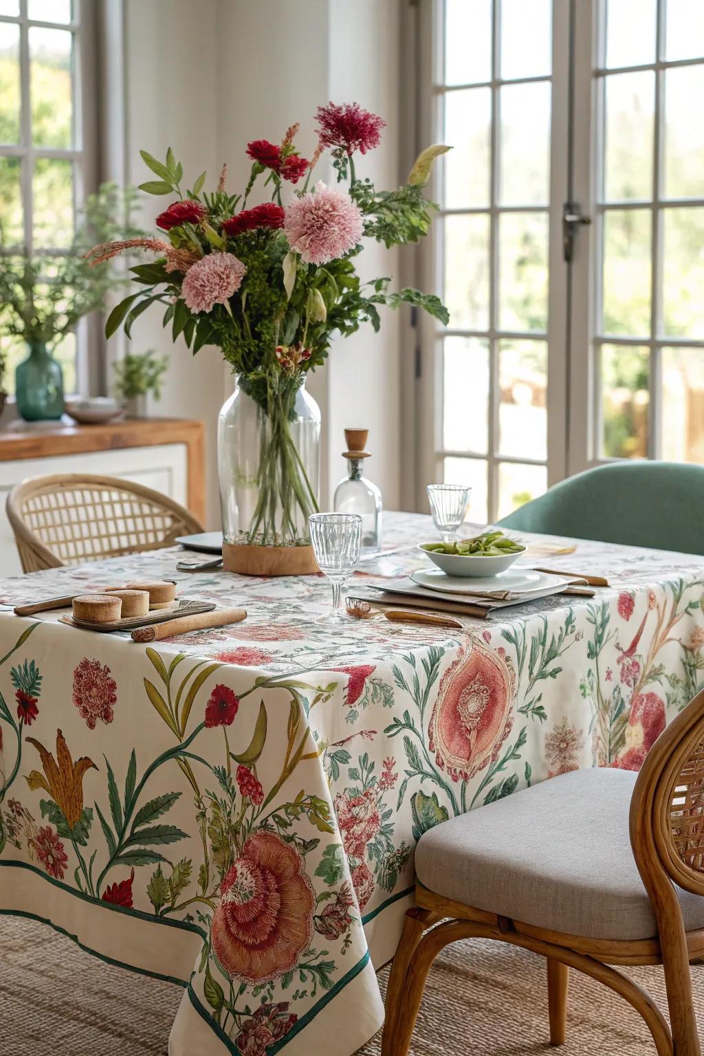 Flower patterns breathe a fresh essence into contemporary dining tables.