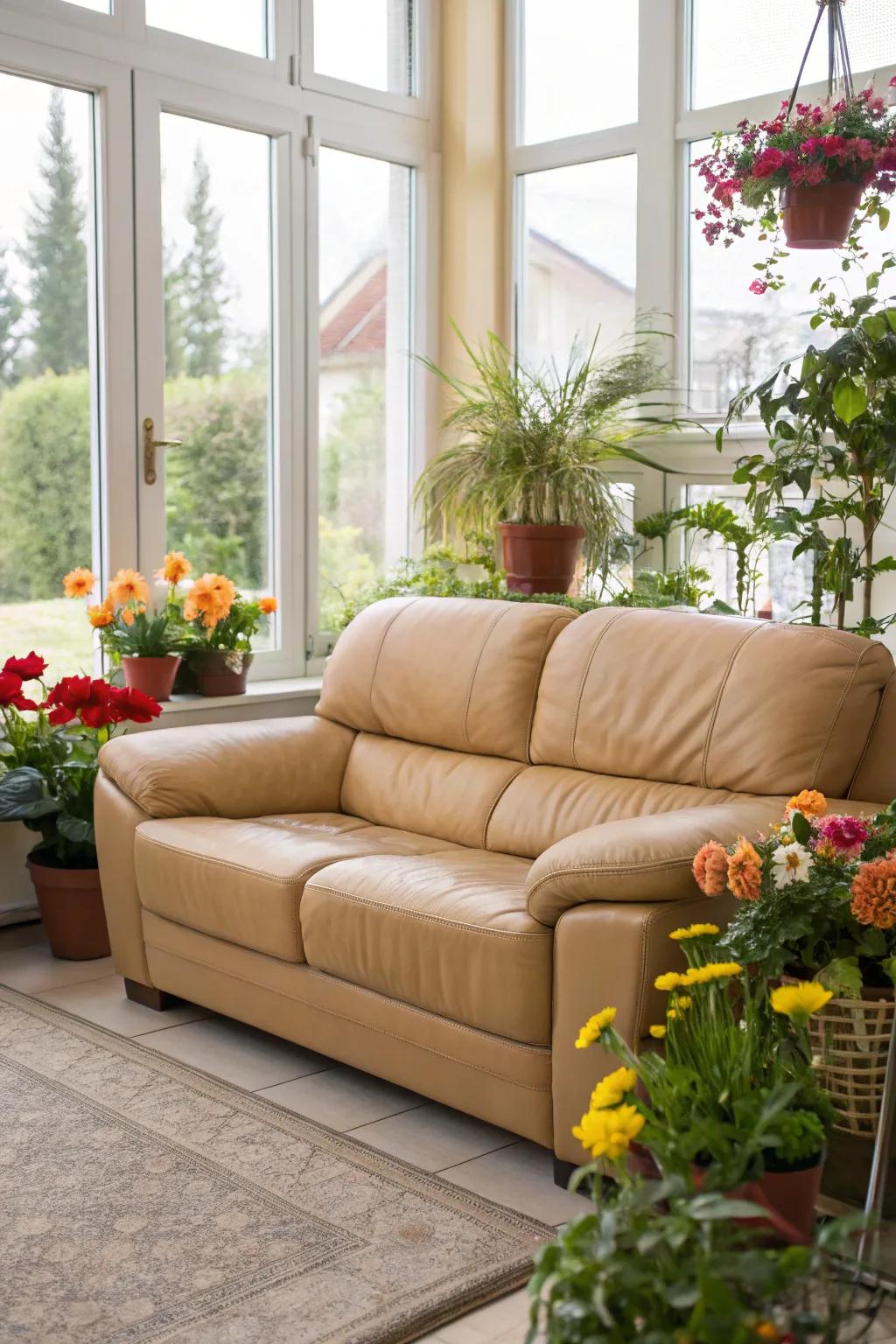 Natural elements enliven a lounge featuring a tawny hide couch.
