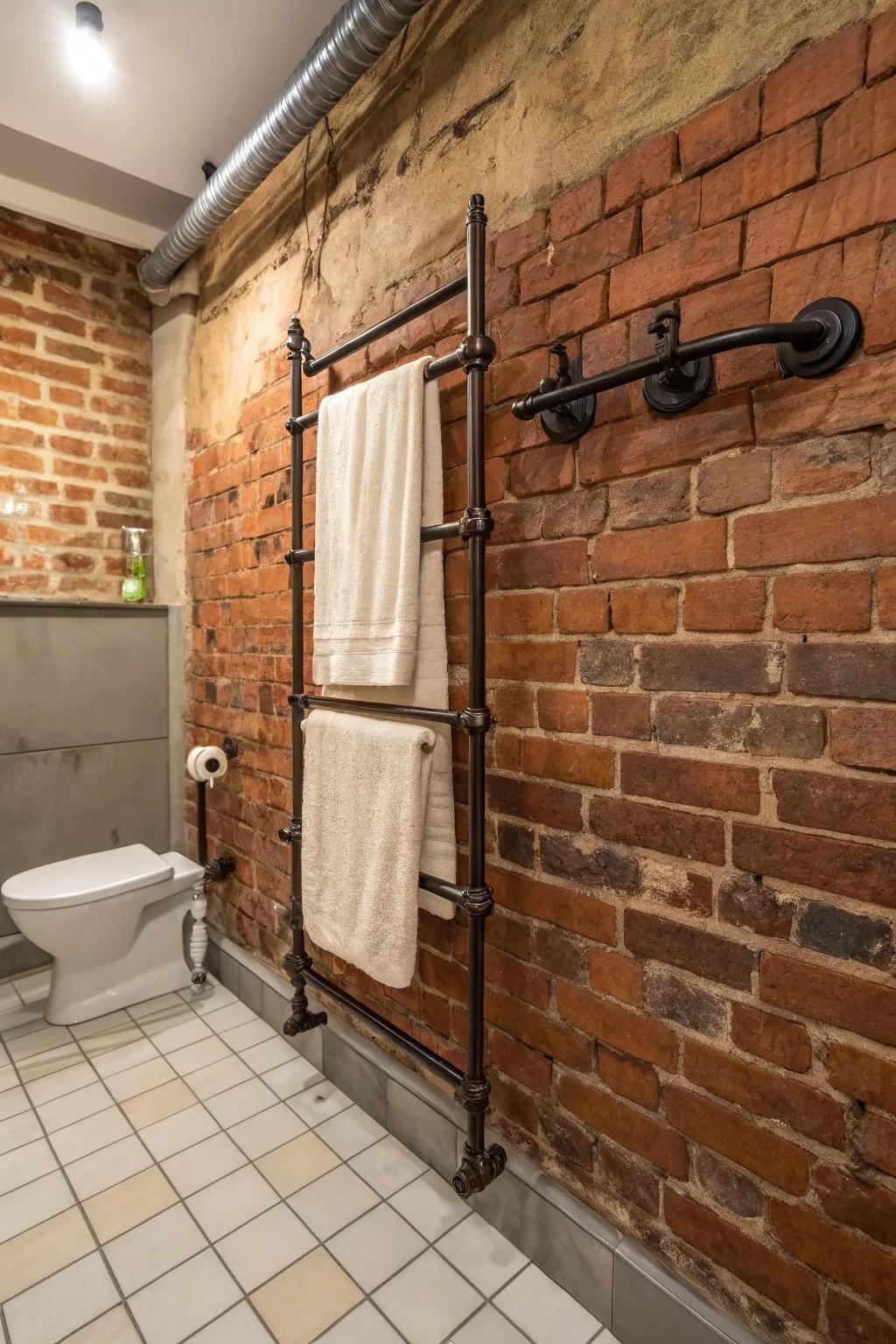 Industrial charm with a retro pipe towel rack.