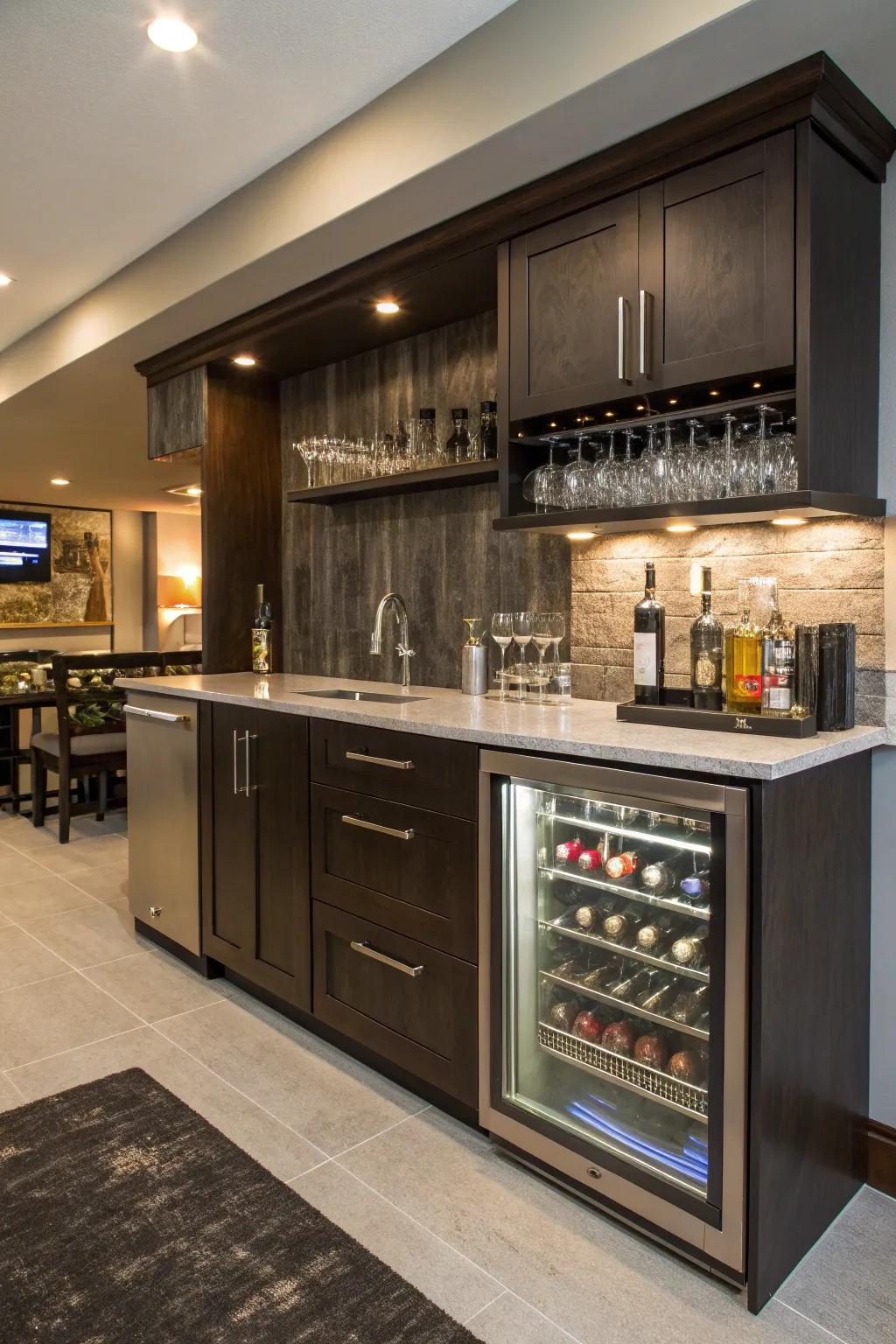 Integrated chillers comprise a streamlined enhancement to any contemporary wet bar.