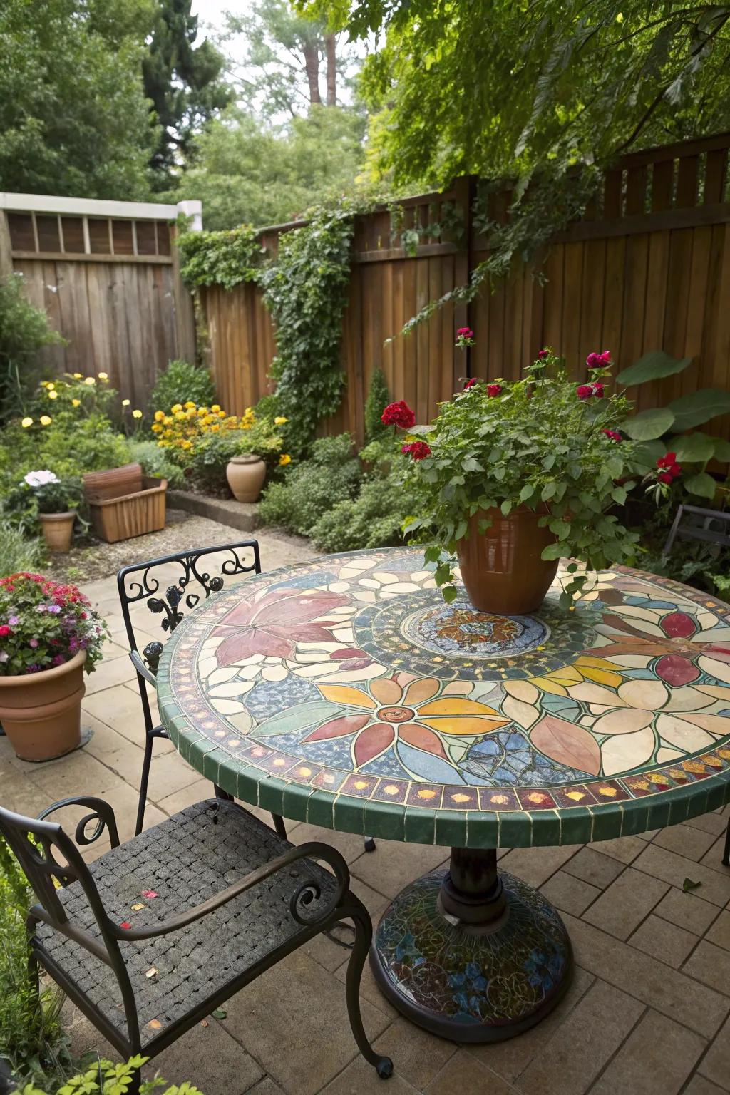An exterior mosaic table introduces energetic design to garden settings.