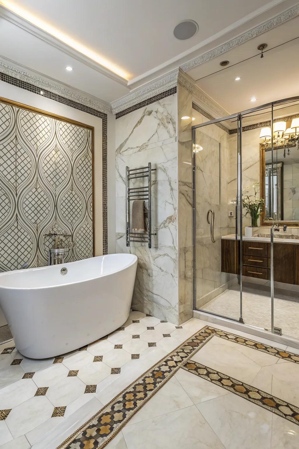 A bathroom displaying luxurious stone mosaic embellishments.