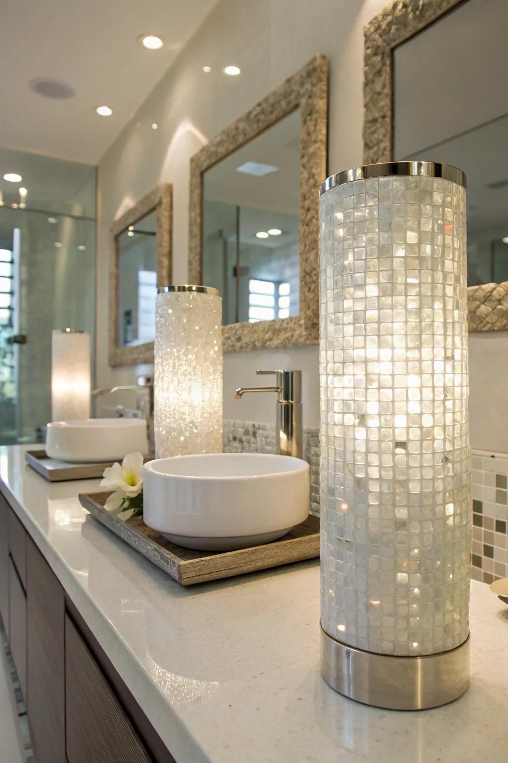 Strategic lighting can amplify the natural luster of mother of pearl tiles.