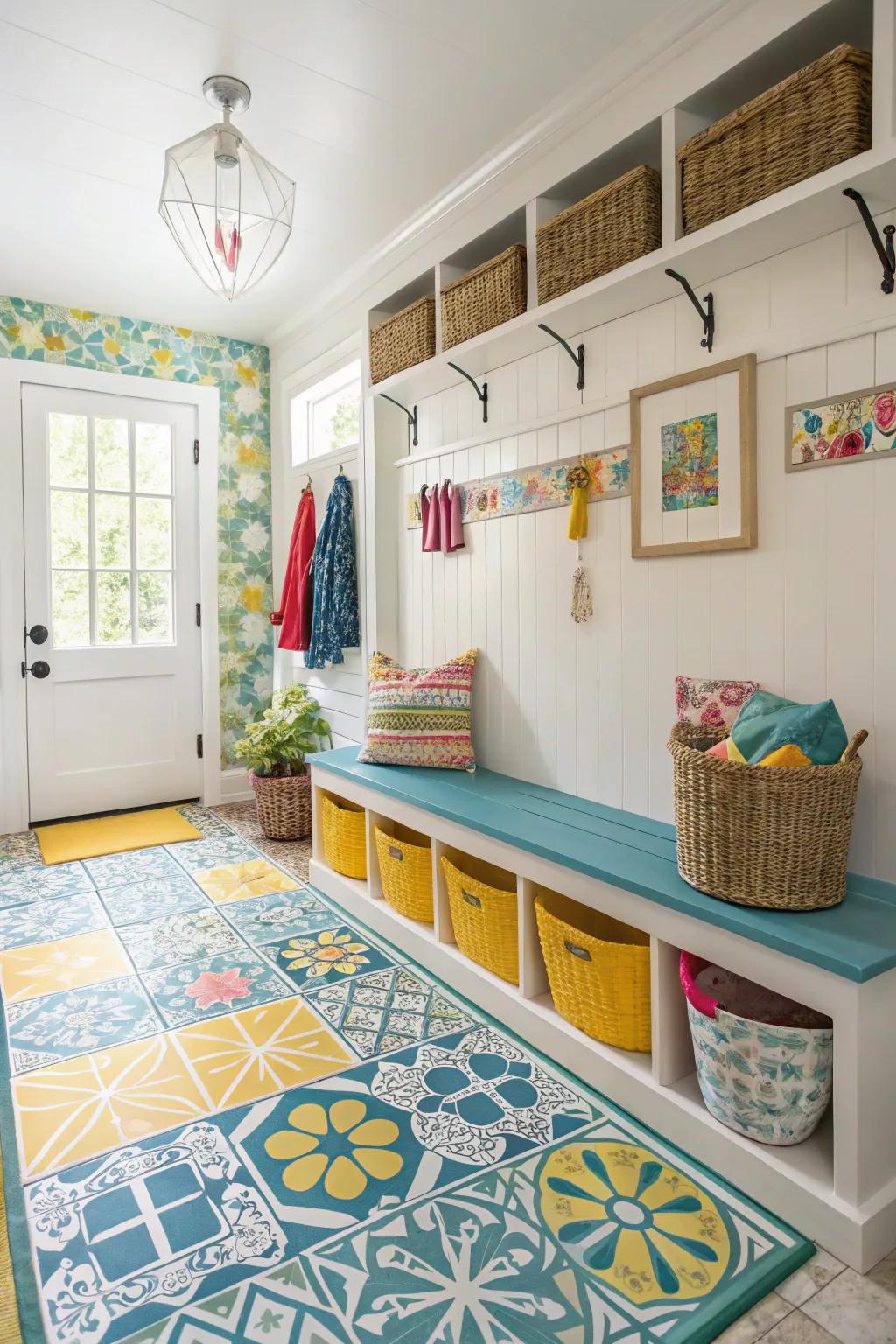 Decorated vinyl squares add a burst of color and individuality to your mudroom.
