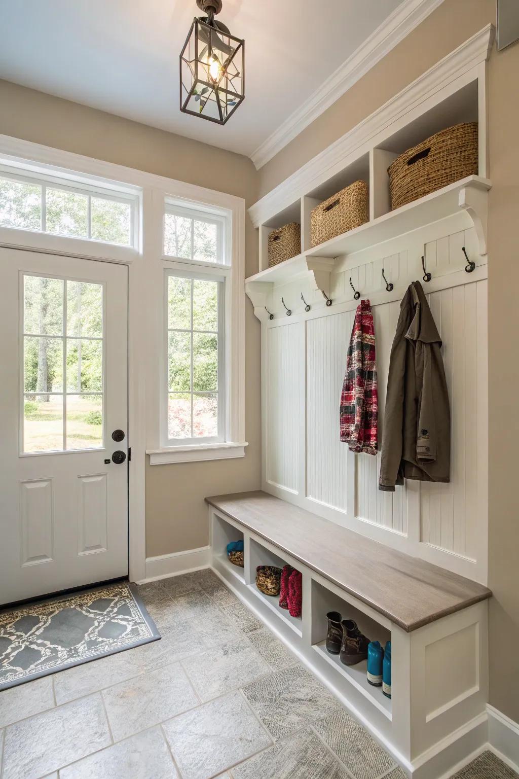Mudroom with partitions painted in radiant and neutral hues.