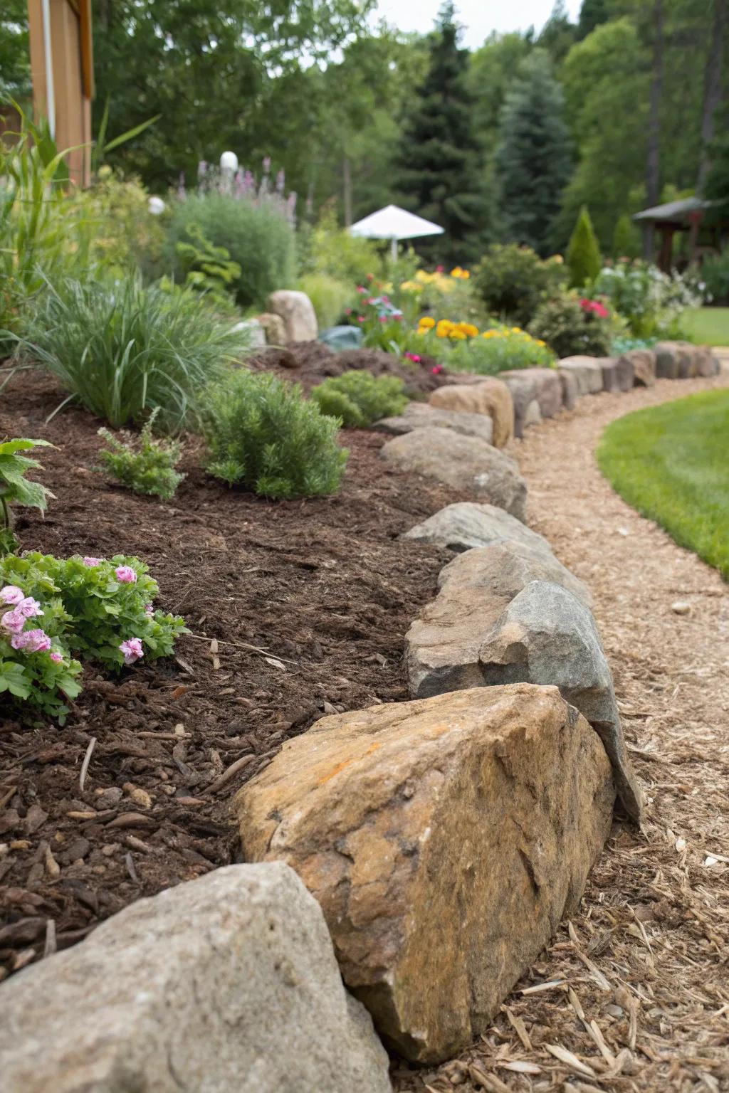 Country-style rocks fashion a charming mulch border.