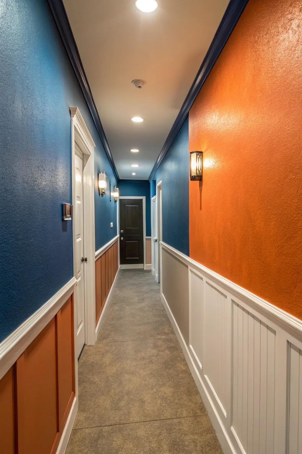 Dual-tone wall methods add dimension and fascination to a slender entryway.