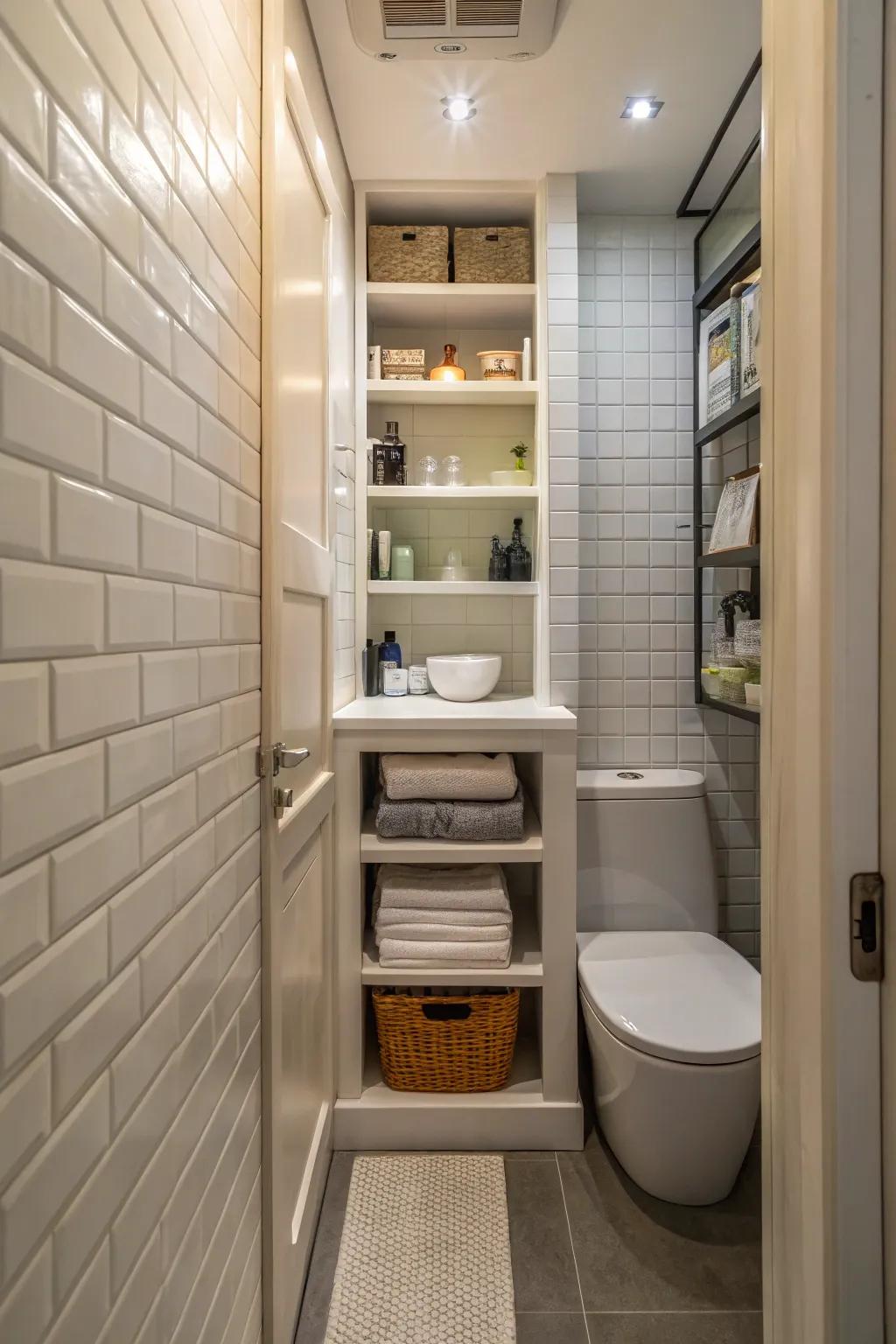 Recessed shelving enables storage to merge effortlessly into narrow bathroom architecture.