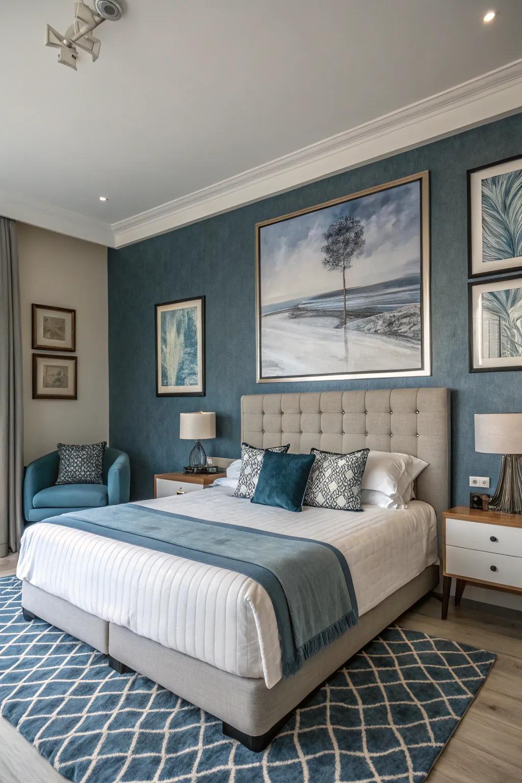 Artwork in blue and grey tones enhances the calming atmosphere of this bedroom.