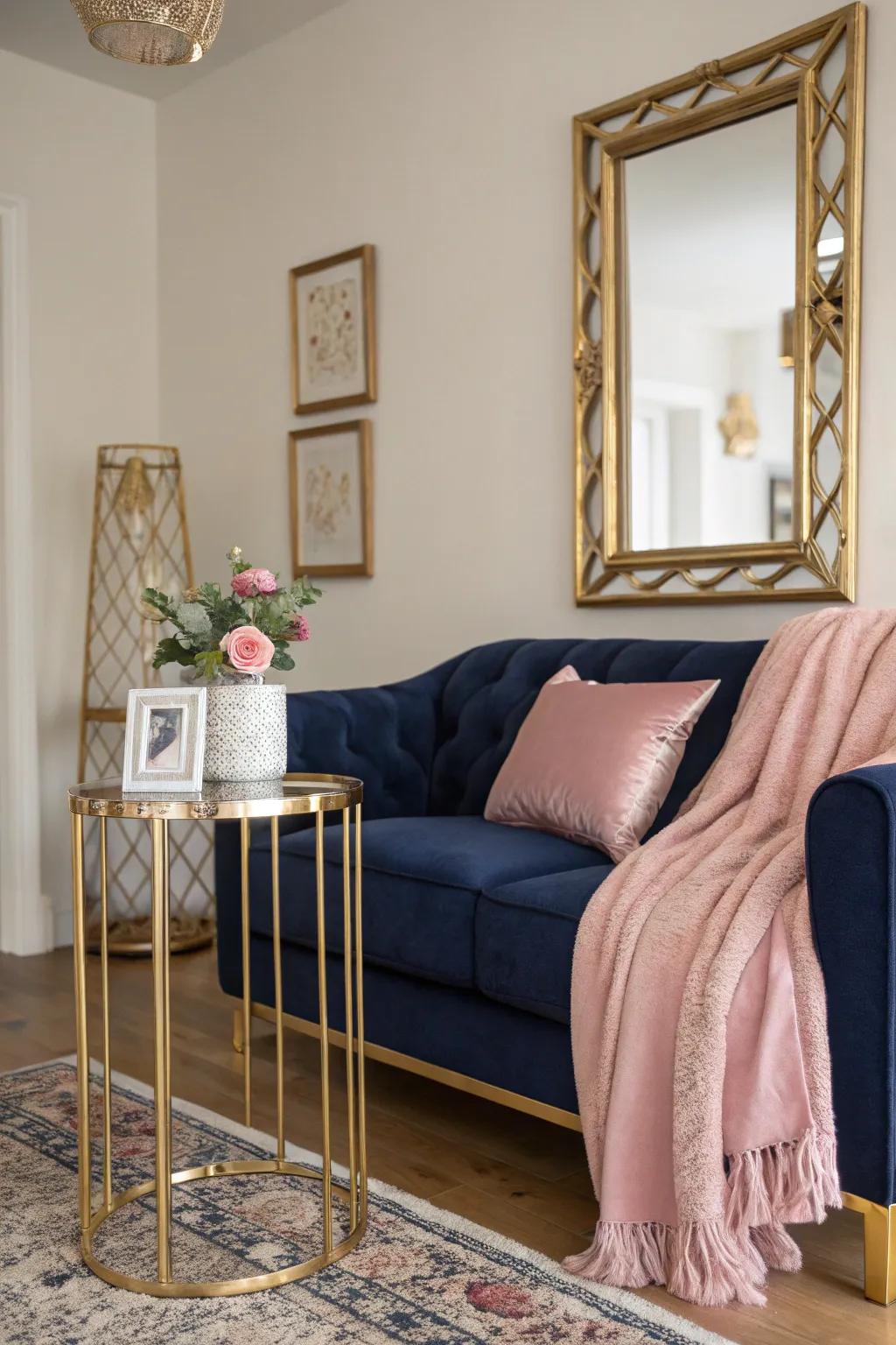 Gilded features bring a hint of glamour to the marine and rose decor.