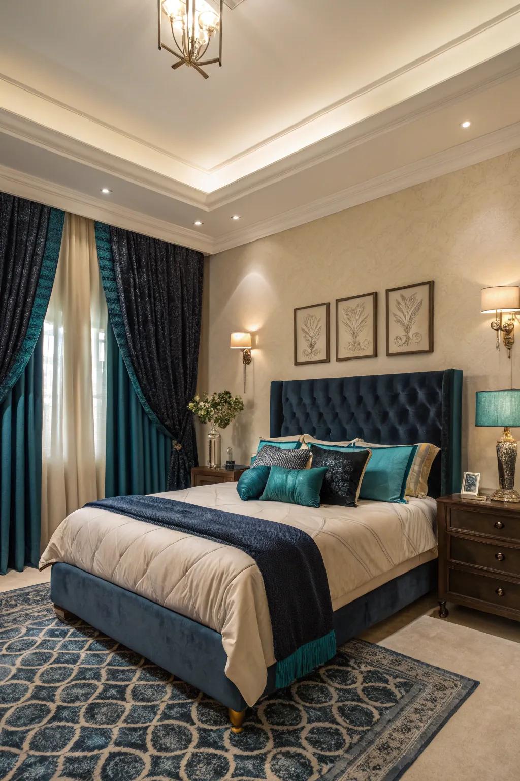 Navy curtains frame windows elegantly in a teal-toned room.