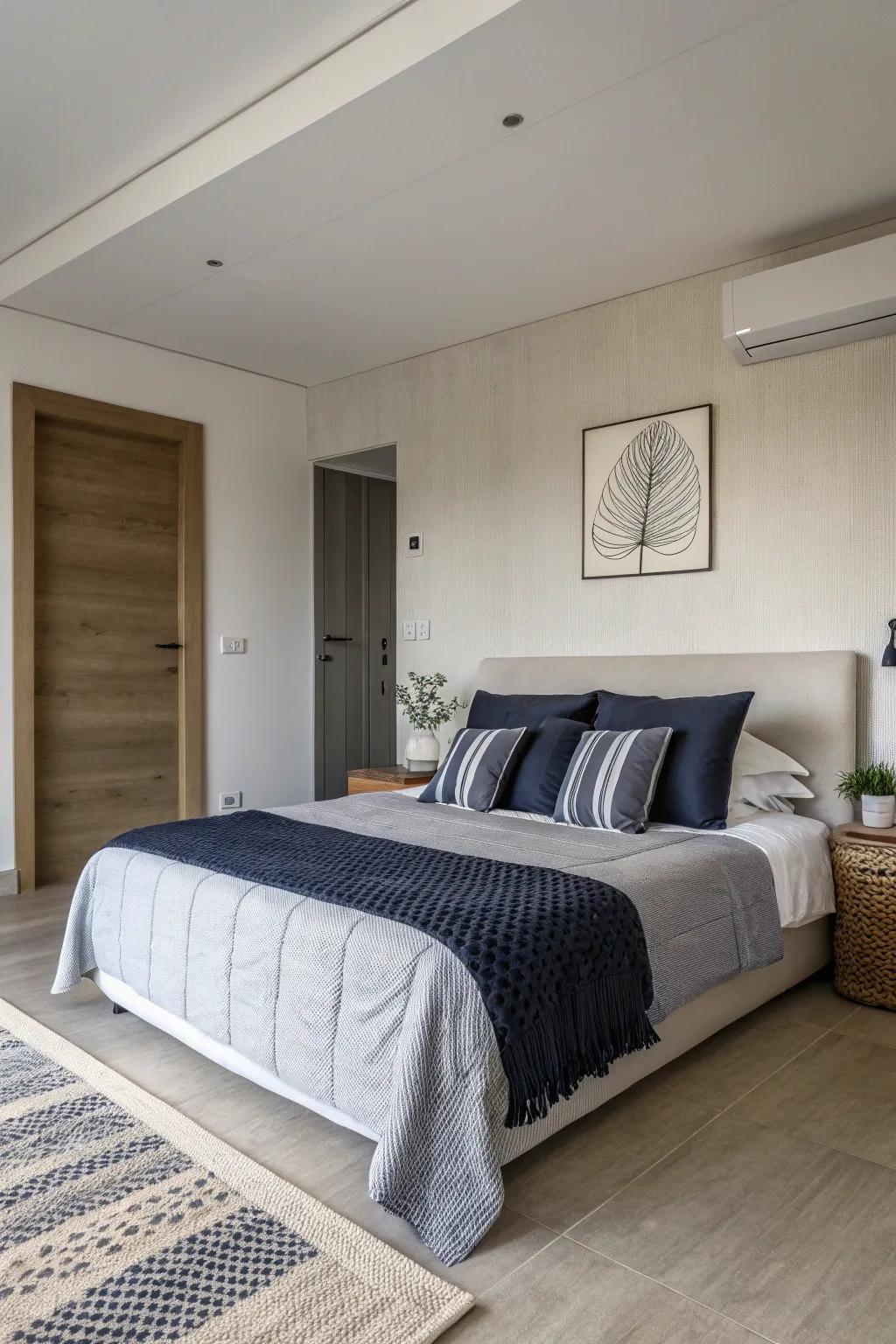 For a calming atmosphere, embrace minimalism with dark blue and grey.