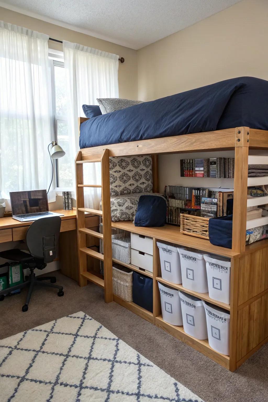 Maximize space with practical furnishings that harmonize with deep blue décor.