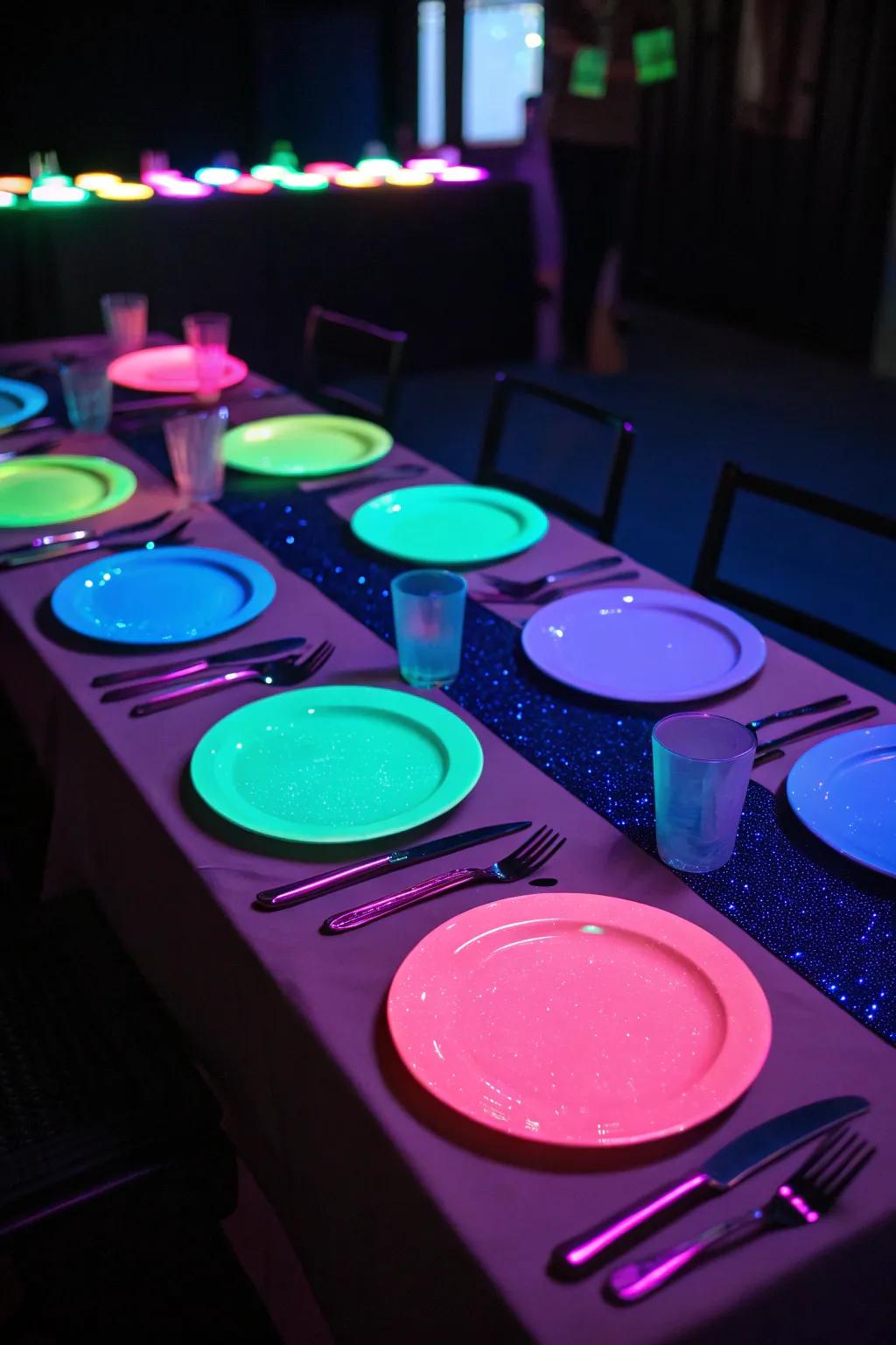 Neon-shaded table decorations glowing under blacklight, engendering an arresting dining setting.