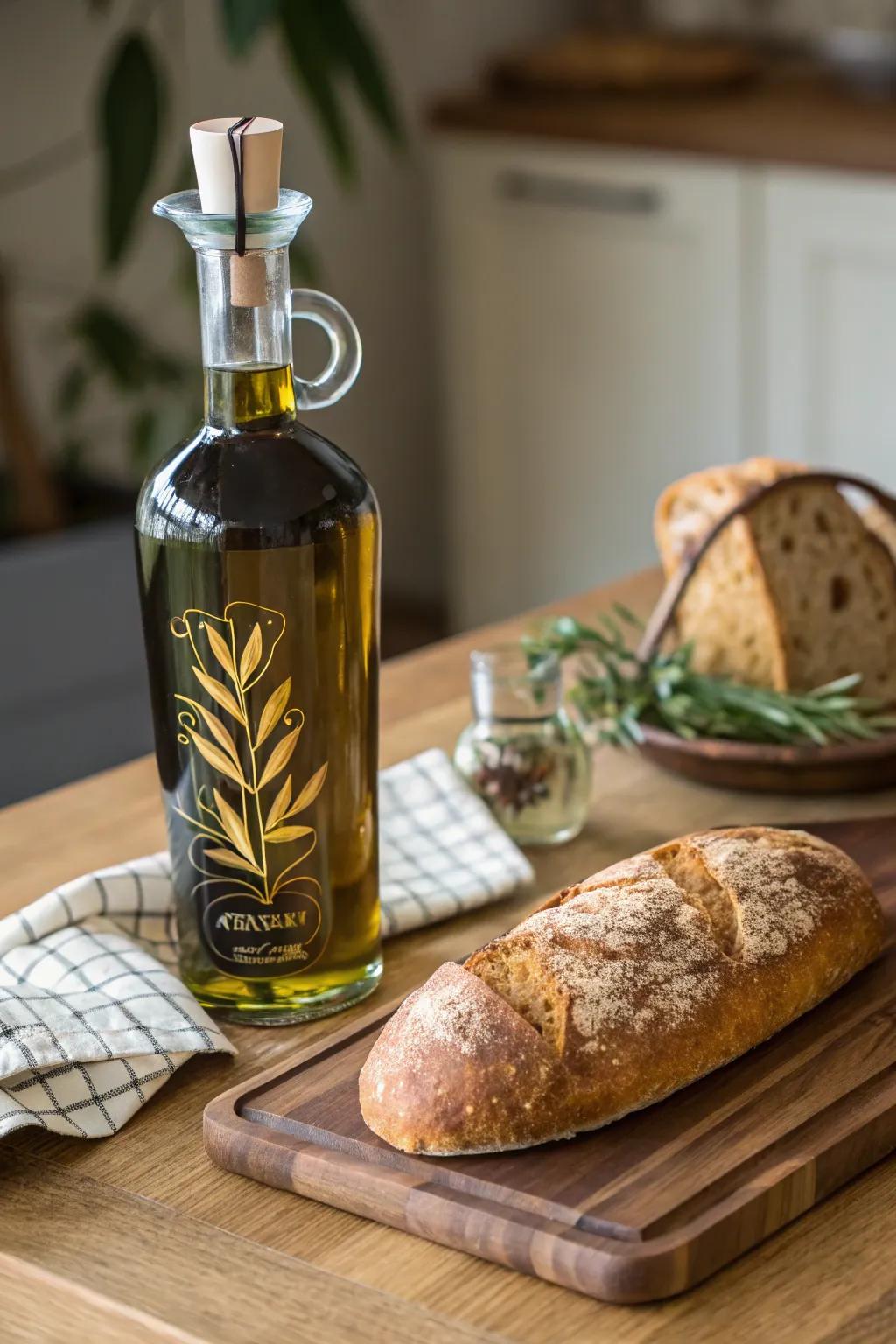 Artisanal oil paired with freshly baked bread offers a delightful gift.