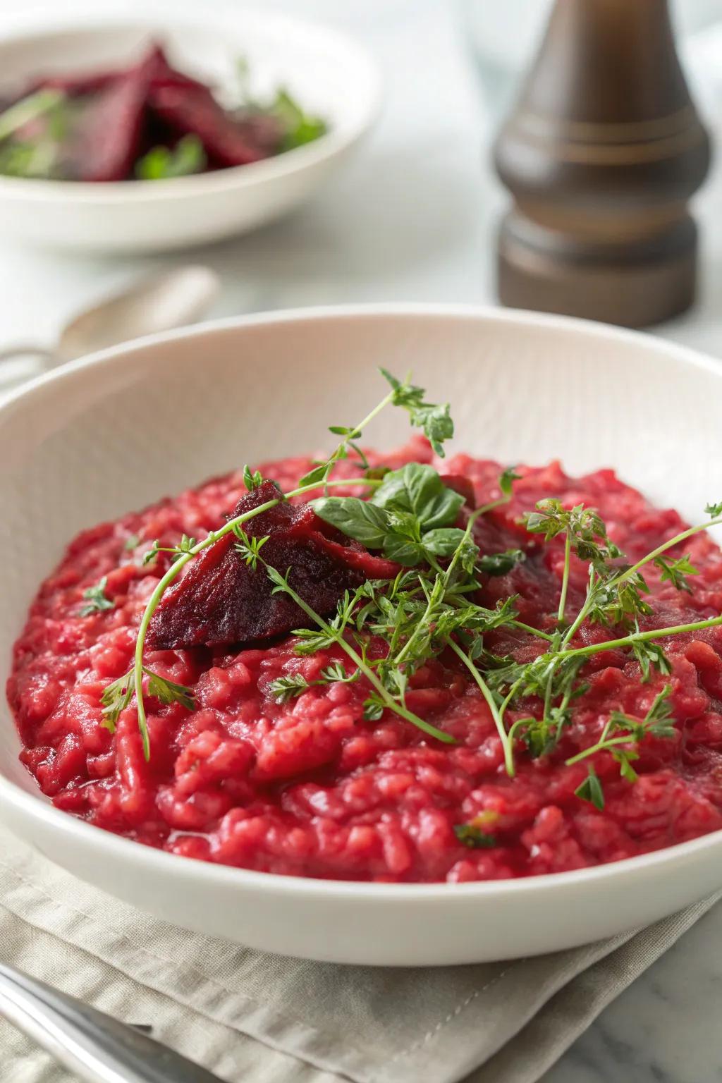 A vibrant crimson beet risotto, bringing a pop of color to your New Year's dinner.