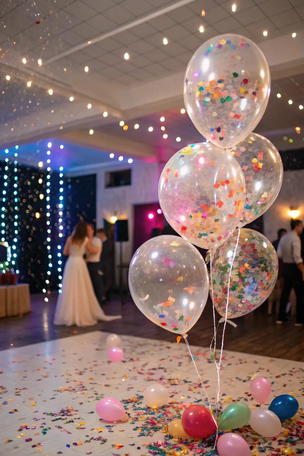 Spheres brimming with confetti deliver an explosion of color and amusement to the festivities.