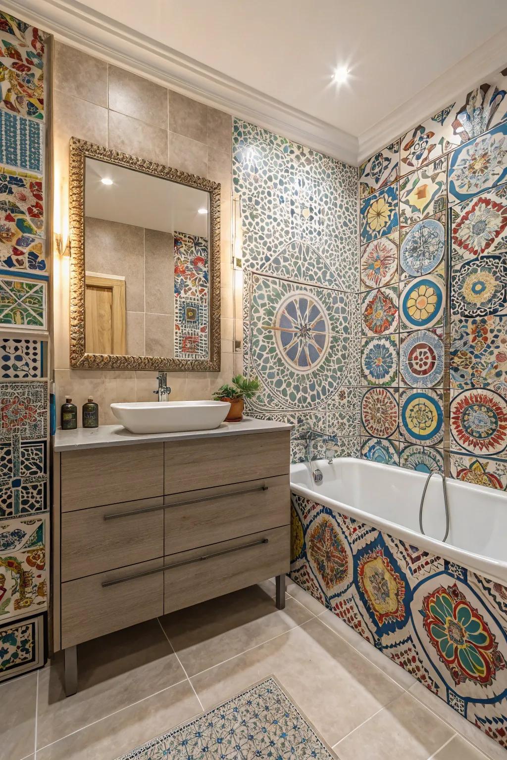Elaborate ornamented tiles that lend character to a bathroom wall.
