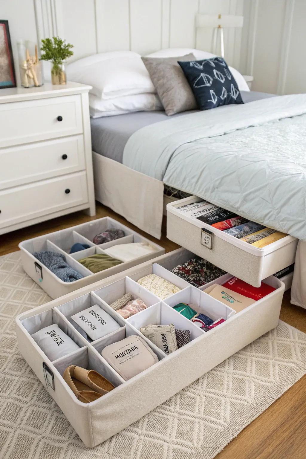 Under-sleeping surface storage retains items accessible yet secreted.