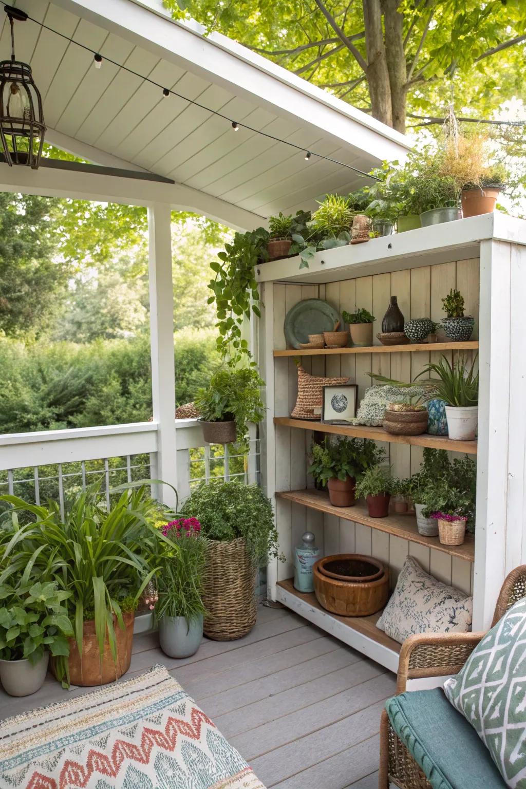 An inviting outdoor nook featuring shelving for plants and decorative accents.