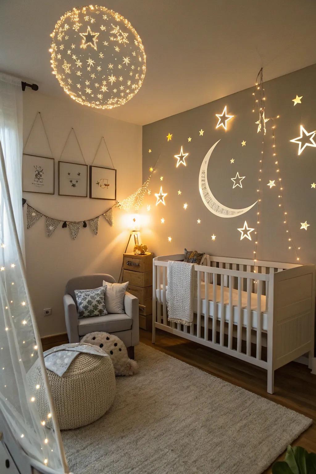A nursery that captures the enchantment of the night sky with heavenly elements.