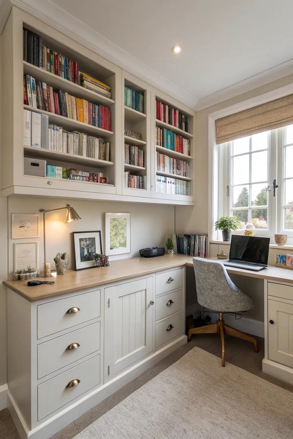 Enhance corner areas using purpose-built office cabinets.