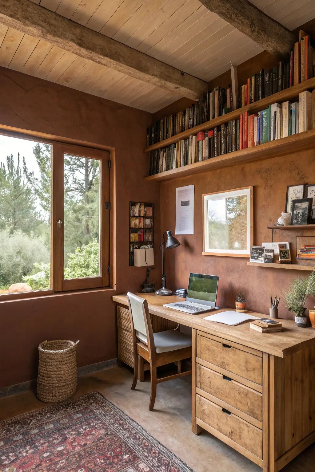 Warm brunneous hues engender a snug and welcoming workspace.