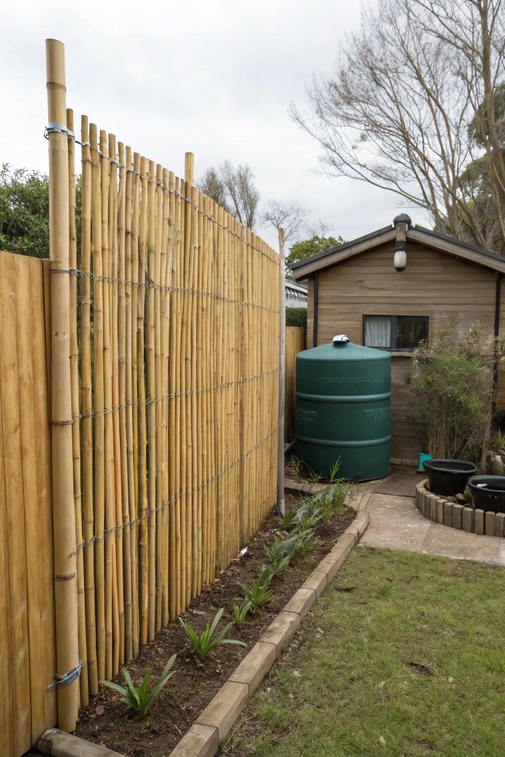A fuel container elegantly concealed behind a bamboo fence.
