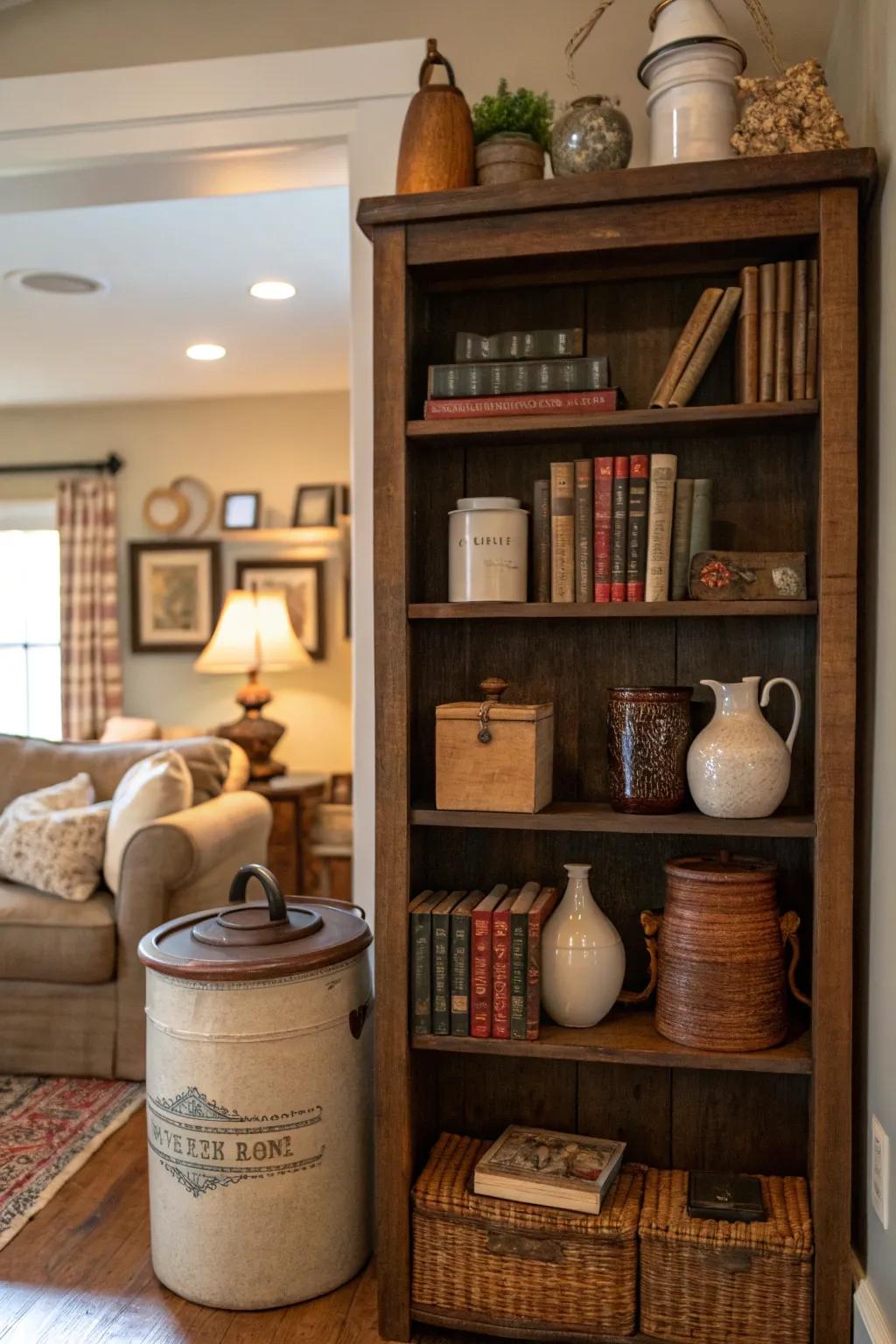 Achieve a varied presentation through combining earthenware with books and decorative objects.