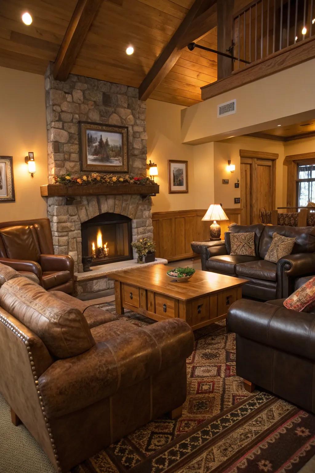 A comfortable lodge lounge featuring comfortable leather couches and soft seating.