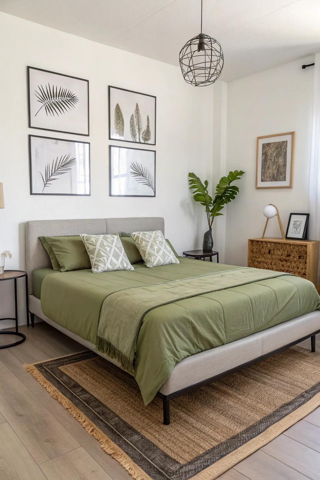 Minimalist decor accentuates the understated elegance of <strong><em>olive green bedding</em></strong>.” loading=”lazy” class=”pimg”>
	</picture><figcaption>Minimalist decor accentuates the understated elegance of <strong><em>olive green bedding</em></strong>.</figcaption></figure>
<p>For a distinctly contemporary feel, maintain a minimalist decorative theme, letting <strong><em>olive green bedding</em></strong> be the central focus. I’ve observed that this strategy imparts a refined, uncluttered ambiance to the space, evading any sensory overburden.</p>
<h3>Possibly helpful picks:</h3>
<ul class=