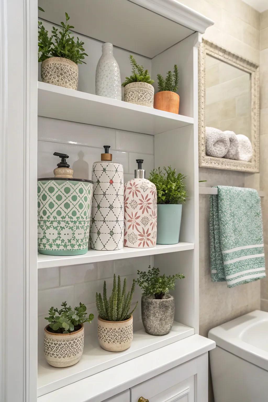 Ornamental components give open linen closets a unique touch.