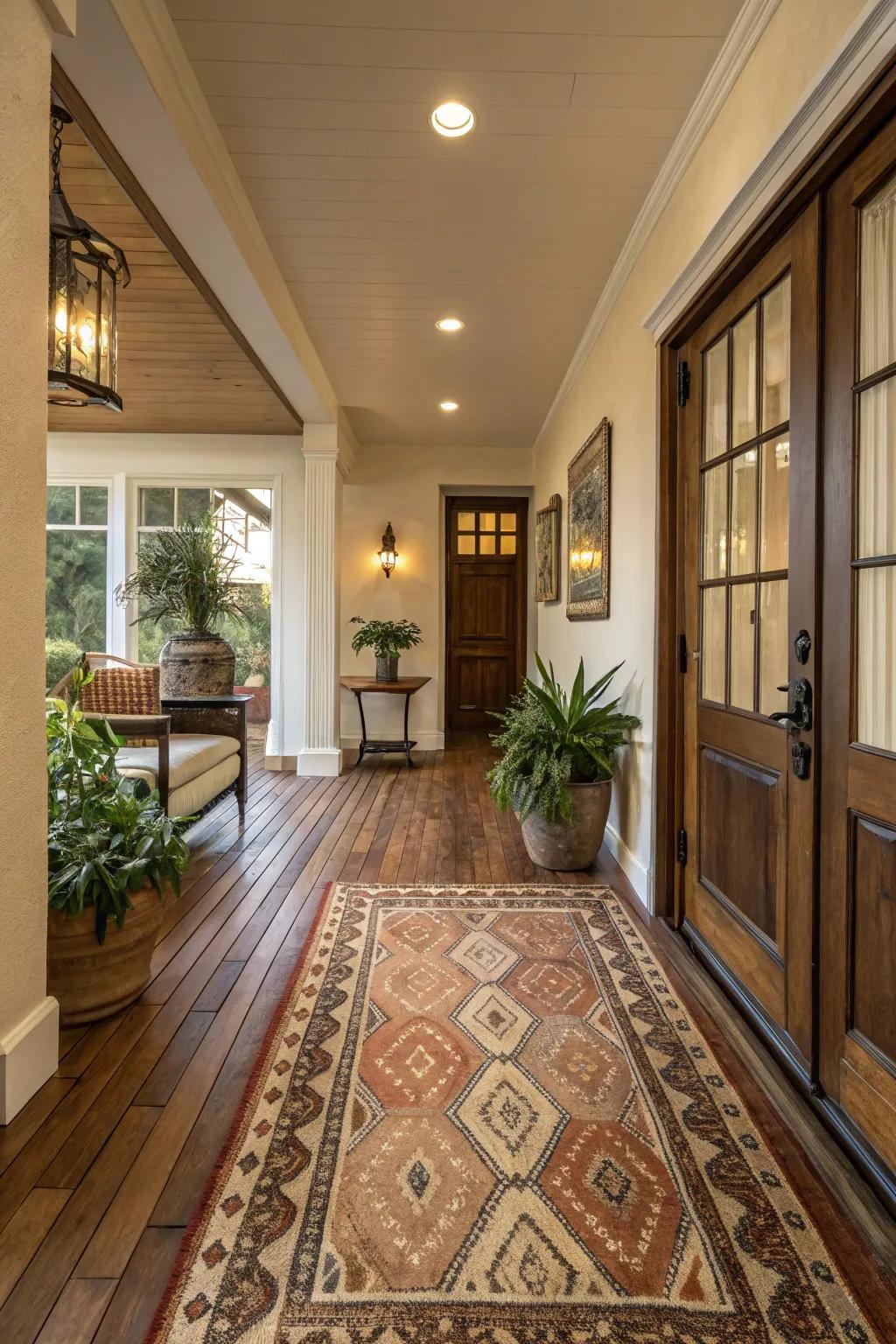 Rugs inside entryways grant a cozy reception and exquisitely characterize the expanse.