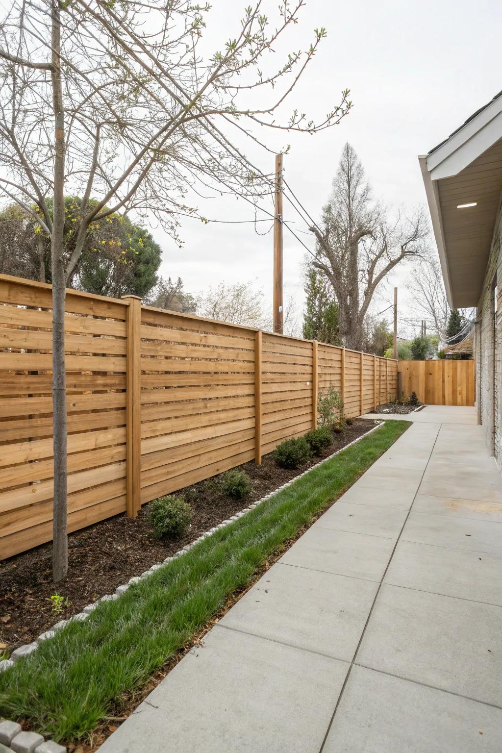 Contemporary sophistication with recumbent timber planks for a minimalist impression.