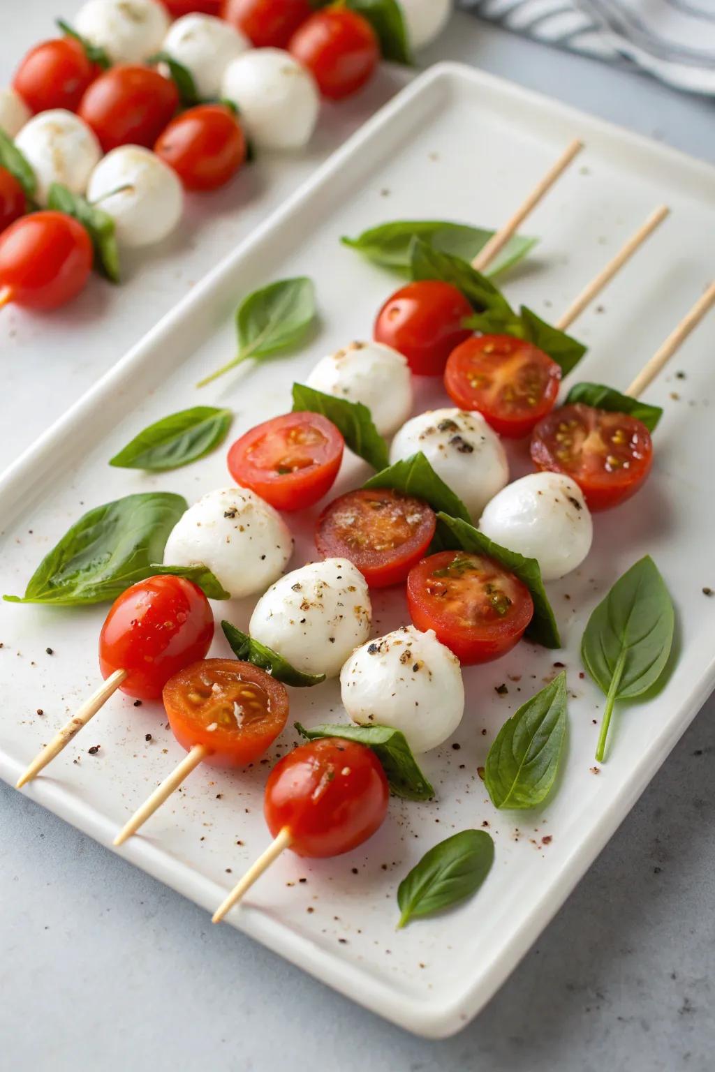 Tomato-mozzarella skewers bring a fresh and colorful touch to the table.