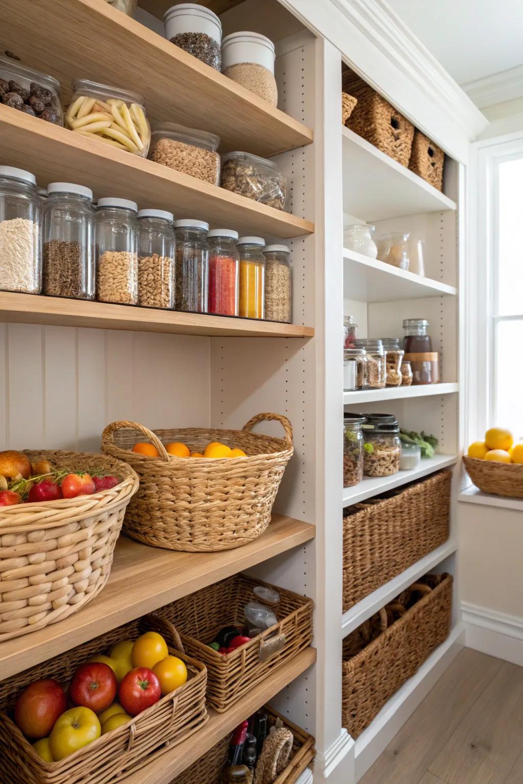 Texture and style are added to the pantry through the use of woven containers.