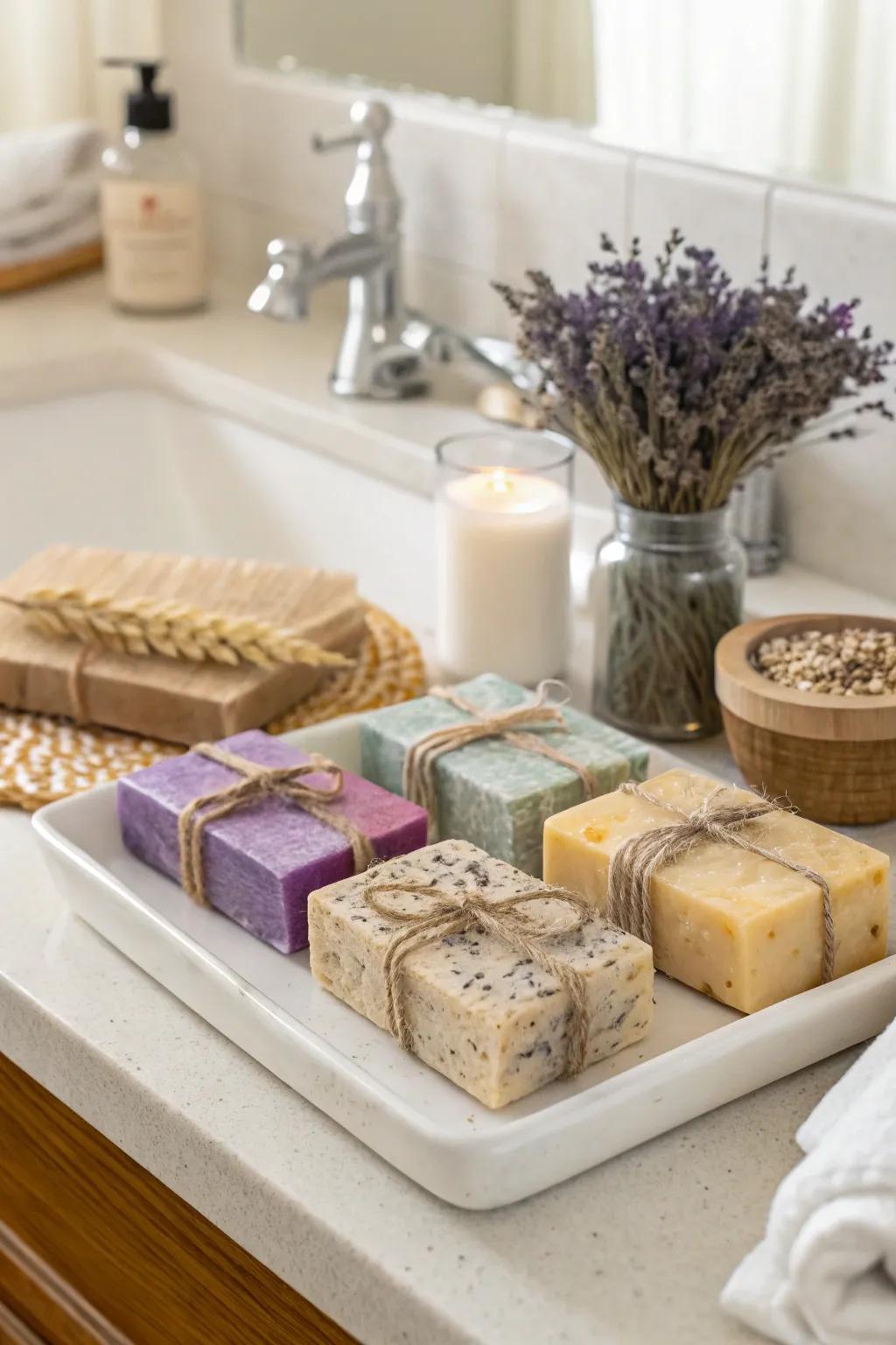 Delight in the comforting scents of handcrafted artisan soap bars.