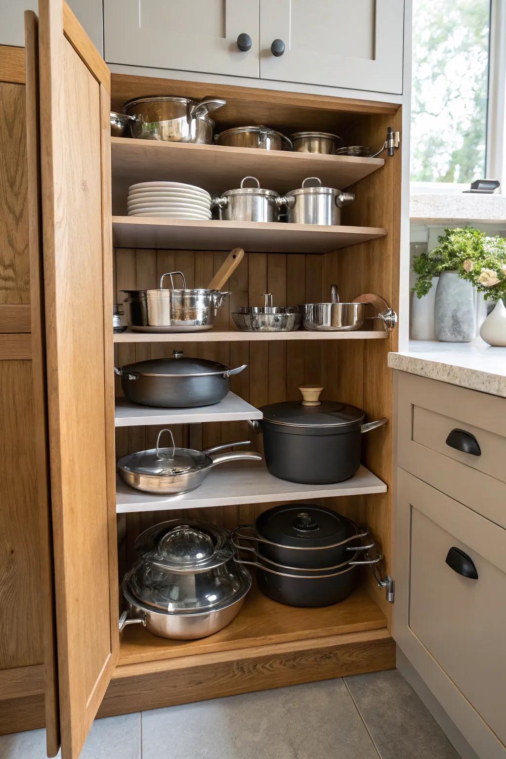 Tiered shelves arrange cookware effectively in a cabinet.