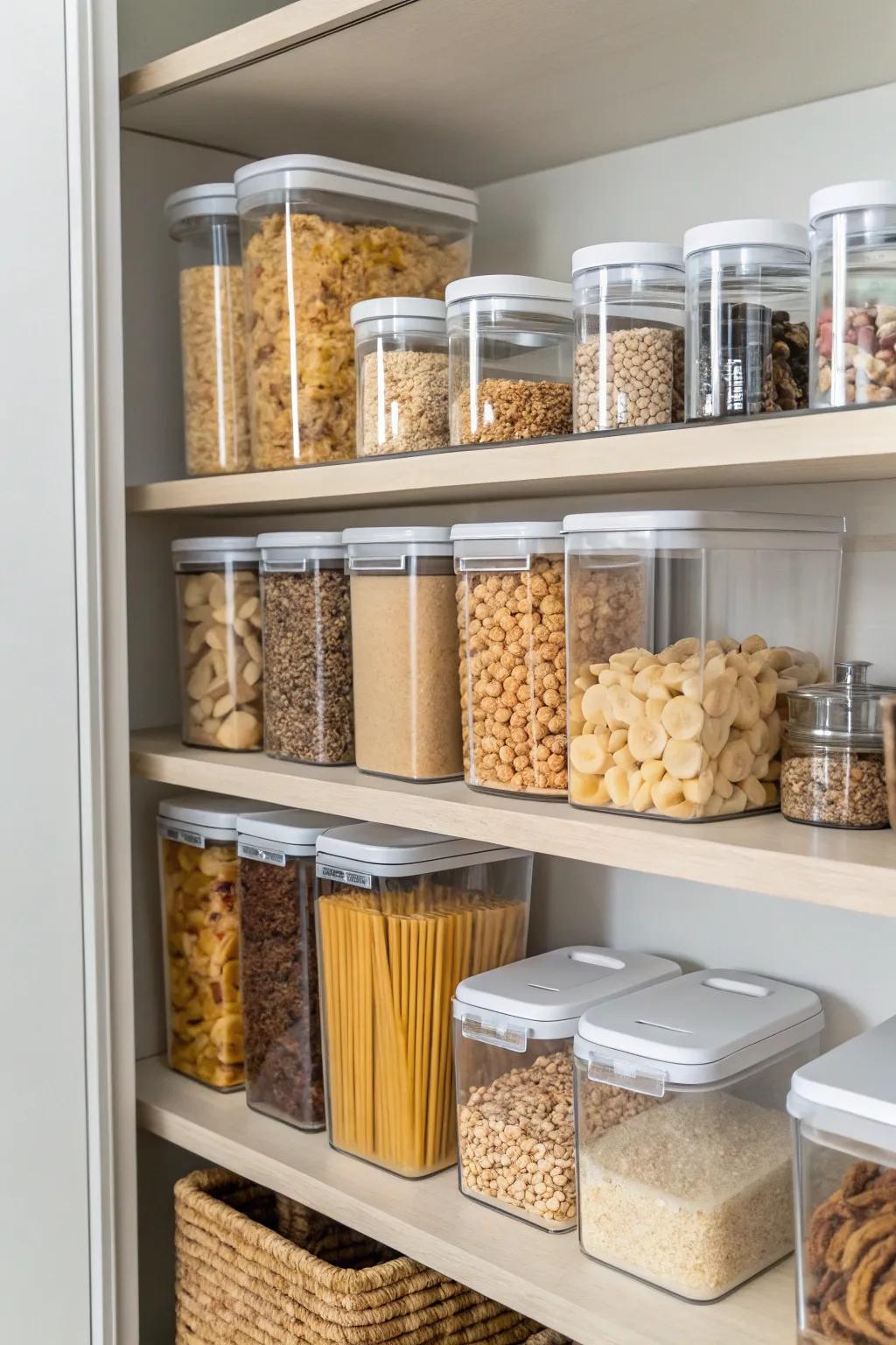 See-through containers simplify pantry structure.