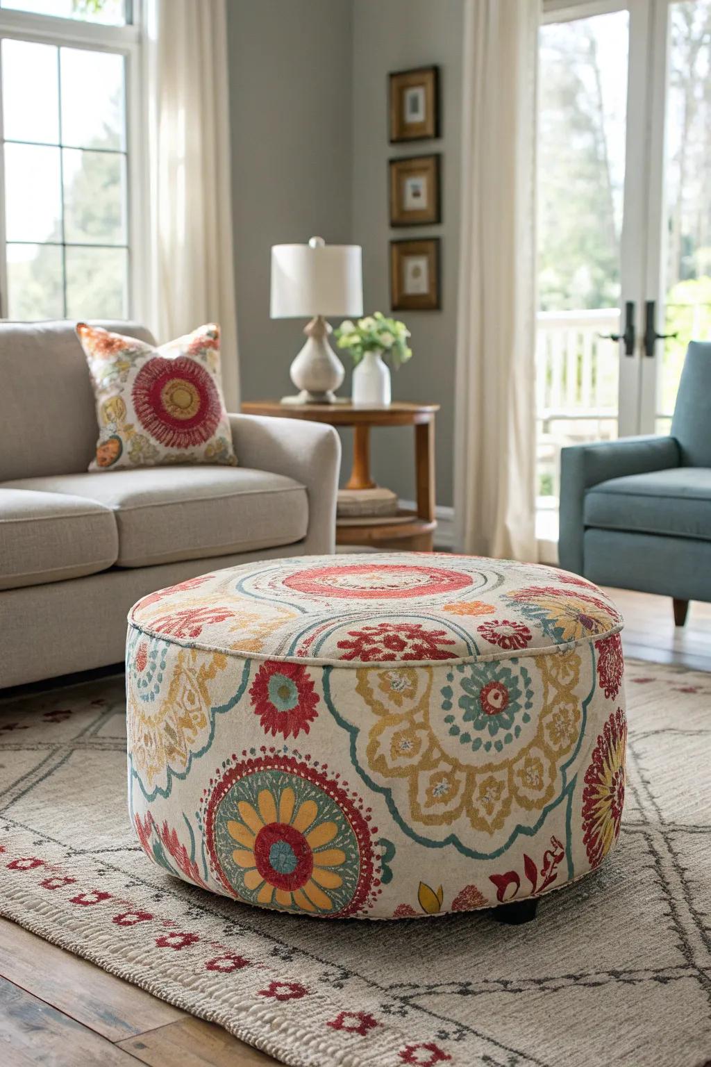 A vivid ottoman breathes life into this understated living environment.