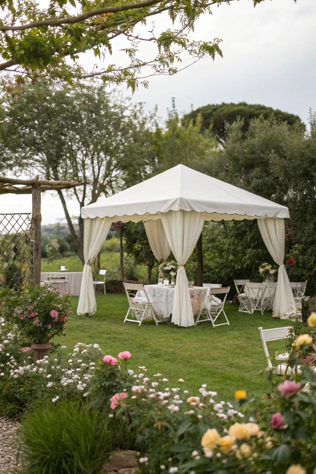 A comfortable canopy offers shade and intimacy for outdoor gatherings.