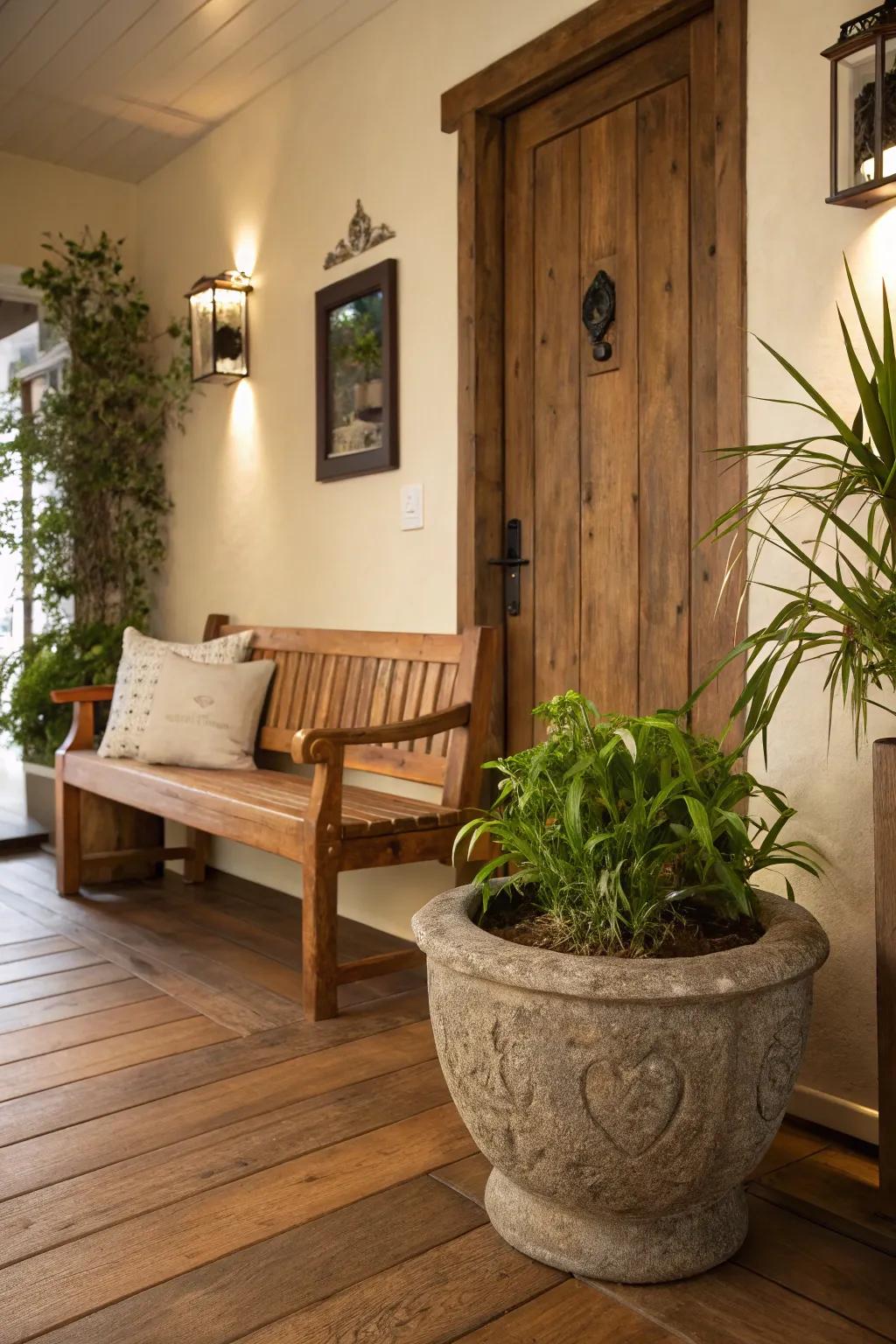 An assortment of surfaces heightens visual allure and injects character into your entryway.