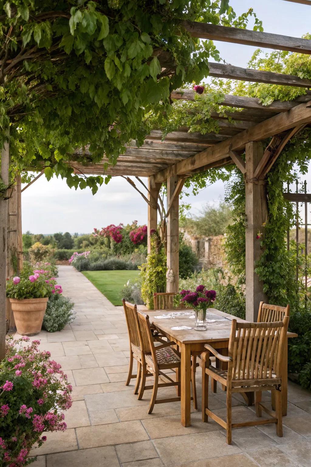A wooden trellis offering shade and elegance to the garden.
