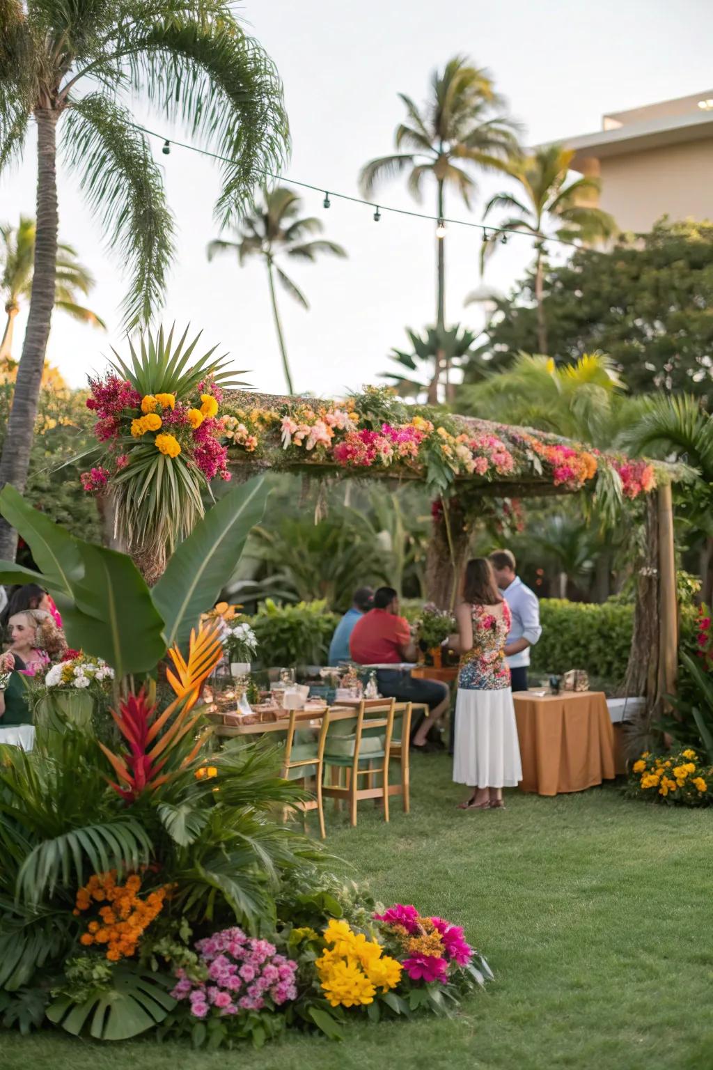 An equatorial getaway showcasing dynamic blossoms and fronds of palms.