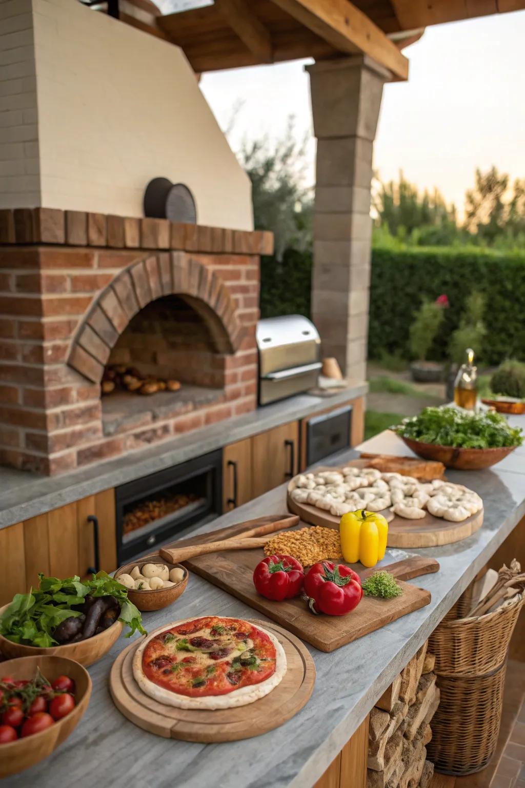 An outdoor kitchen complete with a superb pizza oven.