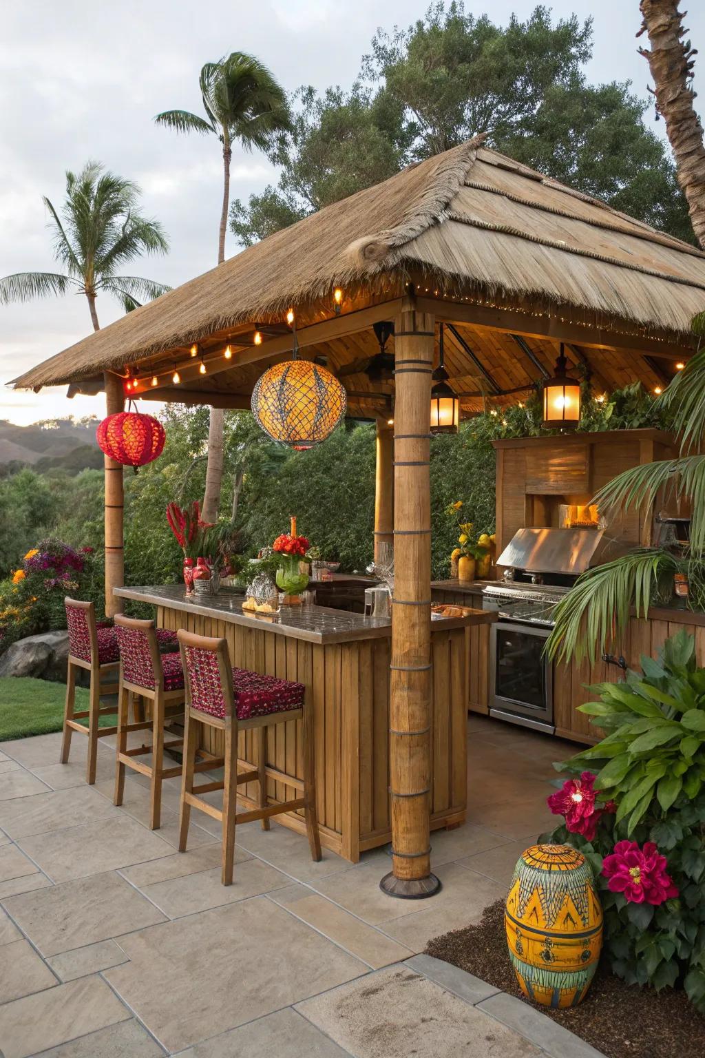 Escape to an exotic paradise with a tiki-inspired outdoor cooking gazebo.