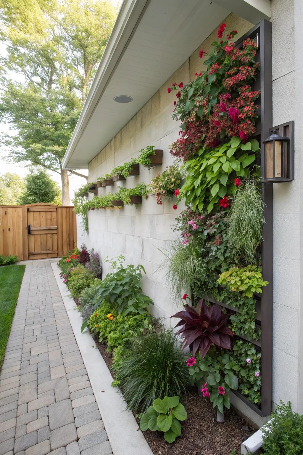 Vertical botanical displays infuse vitality and hue into exterior walls.