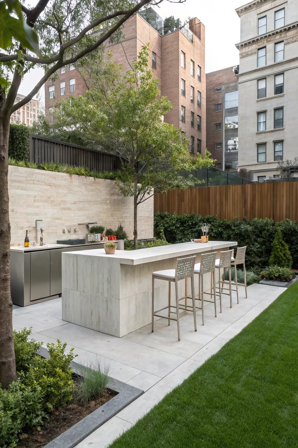A refined, contemporary stone bar featuring minimalist aesthetics.